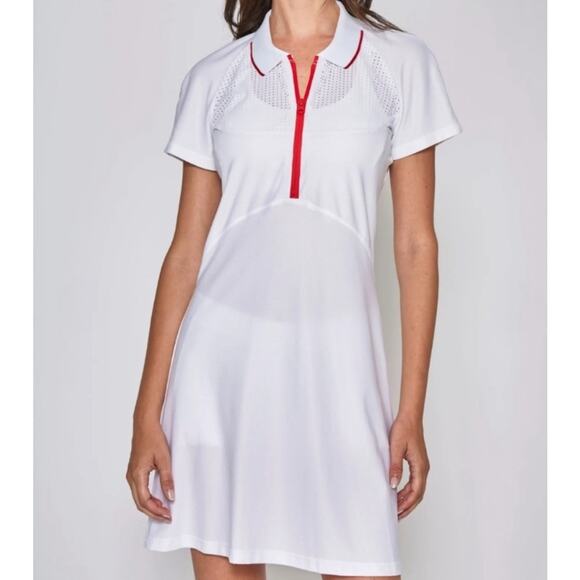 (XS) NWT $195  L'Etoile Sport MESH ZIP PERFORMANCE DRESS White Red - Picture 1 of 6